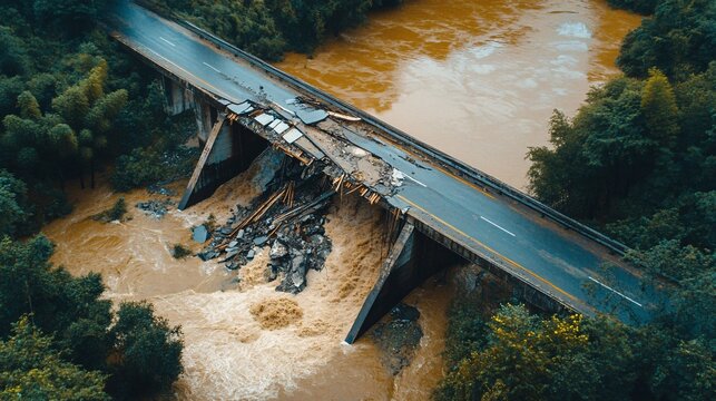Catastrophic aftermath of a collapsed highway bridge post-flood
