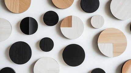 Top down view of circular geometric forms arranged a dynamic yet balanced layout on a white background