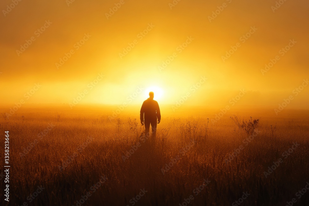 Poster silhouette of farmer standing in vast field at sunrise with golden rays illuminating the horizon gen