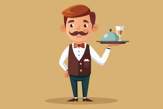 A cheerful waiter holds a tray with a drink and a covered dish, ready to serve guests in a vibrant atmosphere, Waiters Customizable Cartoon Illustration