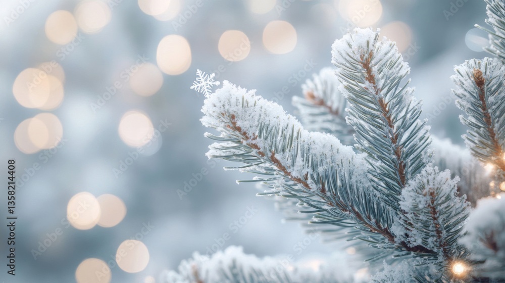 Poster closeup of frosty pine branches with bokeh lights
