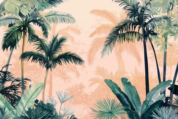 Tropical jungle background with palm trees and mountain landscape. Hand-drawn watercolor illustration