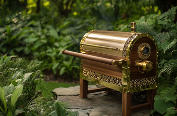 Luxury outdoor smoker featuring brass accents and elegant design, perfect for upscale backyard culinary adventures