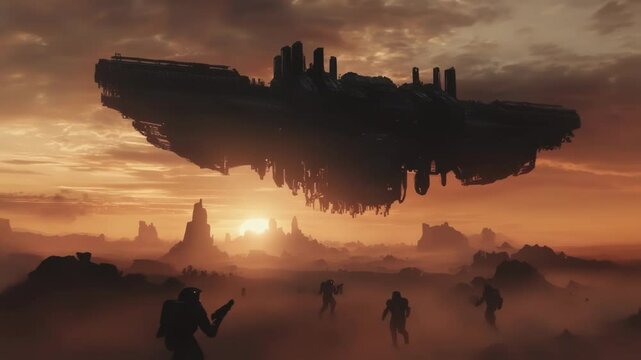 The aerial battleship silhouetted against a vibrant sunset releases a swarm of shock troopers who descend through darkening clouds. The intricate machinery of the ship contrasts with