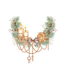 Fir branches with bow, grass, pine cones, candles, gears and ball Christmas and New Year wreath watercolor illustration. Round frame, border with winter plants isolated from background. evergreen