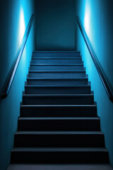 Stairs illuminated with blue light create an eerie atmosphere in a dim hallway