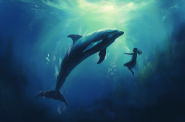 Fototapeta premium Incredible heartwarming scene of a joyful dolphin and human swimming together in perfect harmonious unity