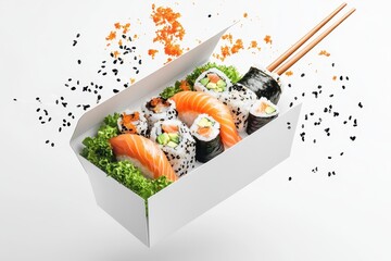 Delicious Sushi Takeout Box with Floating, and Asian Food.