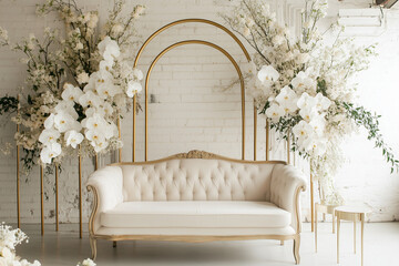 Ethereal wedding stage adorned with white orchids and radiant gold arches for dreamy celebrations gracefully