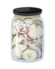 Vector illustration of a jar filled with pickled eggplant and onions, featuring a glass jar with a black lid. The scene captures preserved food in a container.