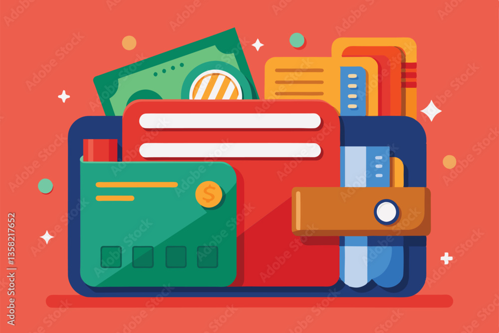 Poster A colorful wallet overflowing with cash and various cards, emphasizing its customizable design and utility, Wallet Customizable Disproportionate Illustration