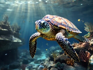 Obraz premium Sea Turtle Coral Reef Sunbeams.