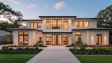 Fototapeta premium Luxury home minimalist and exclusive, A modern, elegant two-story house showcasing large windows, landscaped gardens, and a welcoming entrance, set against a serene evening sky.