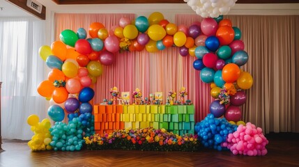 Rainbow Balloon Arch and Colorful Party Decor