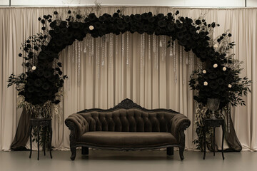 Elegant black wedding stage showcasing black roses with shimmering crystal accents for timeless sophistication