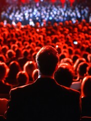 Man looking at a large crowd with red and blue lighting