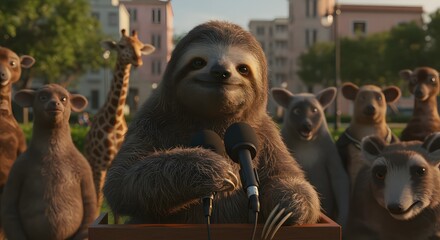 Sloth gives speech with urban park.