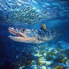 Fototapeta premium Dynamic Underwater Scene Featuring a School of Vibrant Small Fish Escaping a Stealthy Predator Swiftly