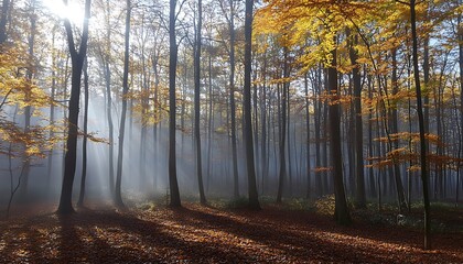 Bright sunlight illuminates a misty forest with autumn colored leaves
