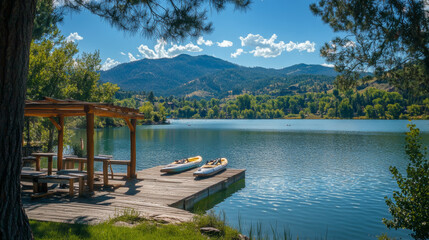 Obraz premium Boating: Whether on a paddleboard, kayak, or boat, enjoying a lake from the water offers a completely different perspective and allows you to experience its tranquility and natural beauty firsthand. 