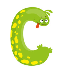 Vector illustration of the letter C as a monster character, featuring a green design with eye and mouth. The scene captures a playful alphabet letter.
