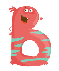 Vector illustration of the letter B as a monster character, featuring a pink design with eye and mouth. The scene captures a playful alphabet letter.