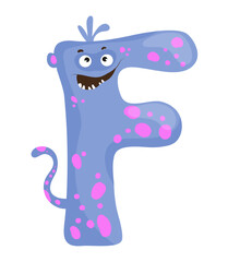 Fototapeta premium Vector illustration of the letter F as a monster character, featuring a purple design with eye and mouth. The scene captures a playful alphabet letter.