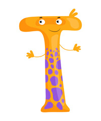 Vector illustration of the letter T as a monster character, featuring an orange and yellow design with eye and mouth. The scene captures a playful alphabet letter.