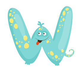 Vector illustration of the letter W as a monster character, featuring a blue design with eye and mouth. The scene captures a playful alphabet letter.