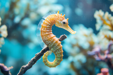 Fototapeta premium Intricate close-up of a seahorse delicately clinging to vibrant coral branch in marine wonder naturally