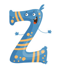 Vector illustration of the letter Z as a monster character, featuring a blue design with stripes. The scene captures a playful alphabet letter.