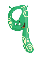 Vector illustration of the letter q as a monster character, featuring a green design with eye and mouth. The scene captures a playful alphabet letter.