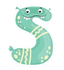 Vector illustration of the letter s as a monster character, featuring a green design with eye and mouth. The scene captures a playful alphabet letter.
