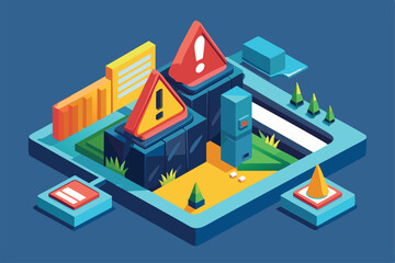 This artwork depicts a vibrant isometric landscape with warning signs, structures, and grassy areas, Warning Customizable Isometric Illustration