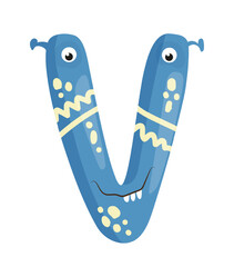 Vector illustration of the letter v as a monster character, featuring a blue design with eye and mouth. The scene captures a playful alphabet letter.