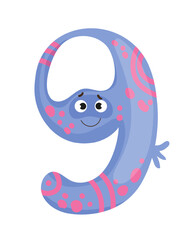 Vector illustration of the number 9 as a monster character, featuring a pink design with eye. The scene captures a playful number.