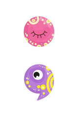 Vector illustration of a semicolon punctuation, featuring pink, purple, and blue eyes. The scene captures playful monster punctuation.