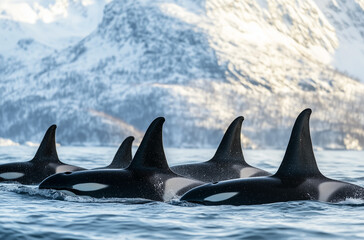 Fototapeta premium Orca Pod Swimming Elegantly Through Icy Waters with Snow-Capped Landscape in the Background