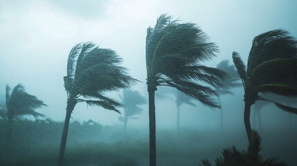 Palm Trees Bending Violently Under the Intense Winds of a Tropical Cyclone