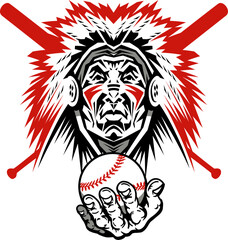 indian chief mascot holding baseball with crossed bats for school, college or league sports