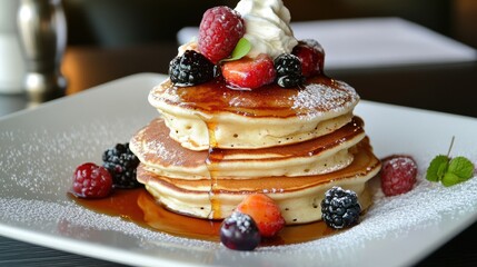 A delicious stack of pancakes topped with fresh berries and cream