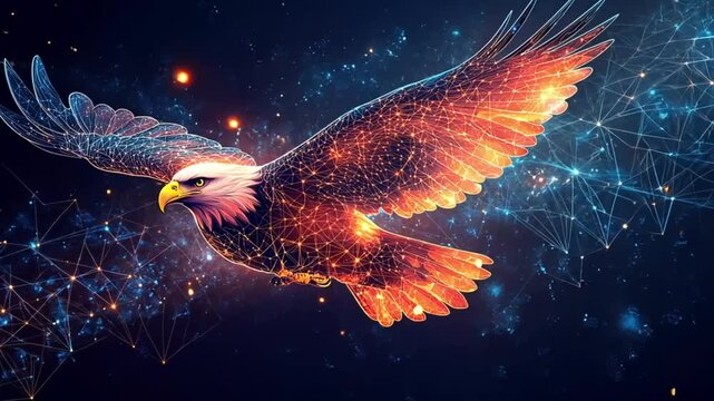 Abstract eagle in flight against a starry digital background.  Possible use digital art, technology, inspiration