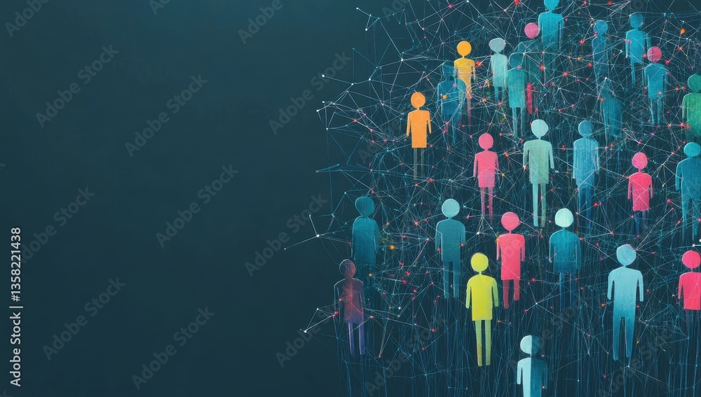 Poster network of interconnected people, each person represented by simple paper figures with colored heads
