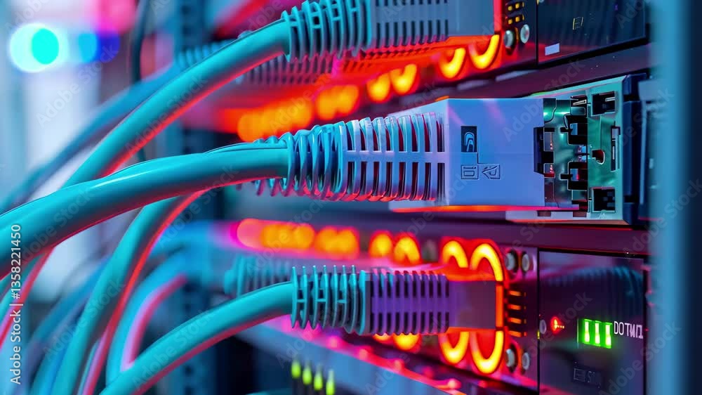 Poster network cables connected to ethernet switches glow in a data center, showcasing robust connectivity 