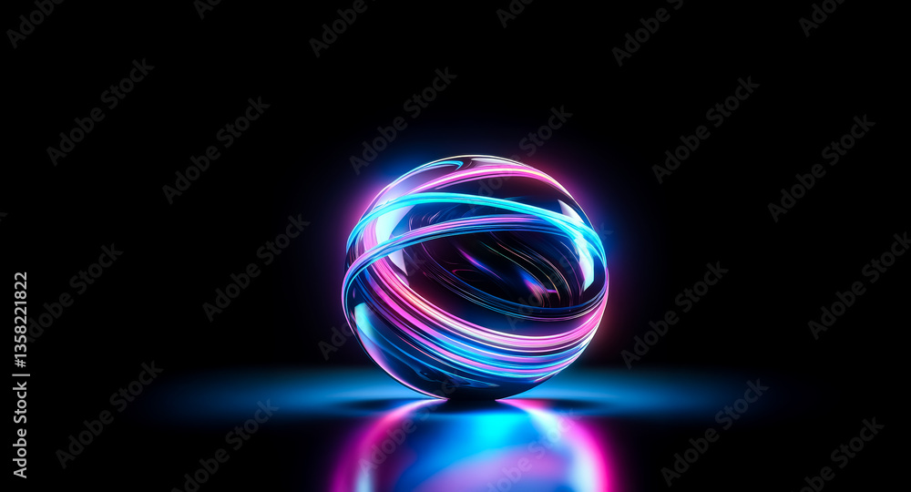Poster luminous sphere with vibrant streaks of blue and pink light spiraling around it, creating a dynamic 