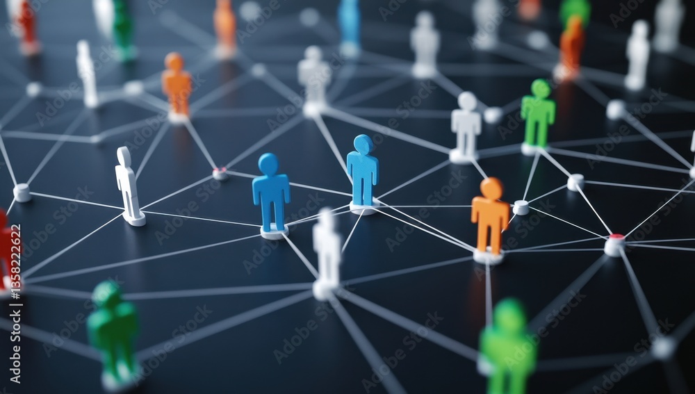 Poster a network of interconnected people, each person represented by simple shapes and lines, symbolizing 