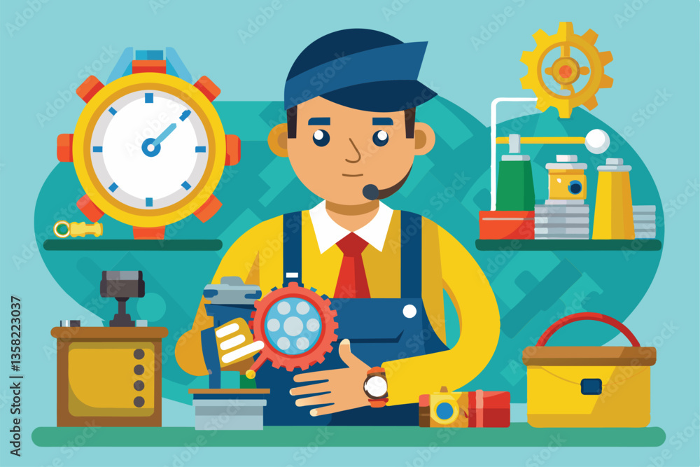 Poster a technician inspects mechanical components while surrounded by various tools and machinery in a wor