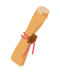 Charming vector illustration of a rolled pirate scroll tied with a red ribbon. The scene captures a vintage and adventurous feel.