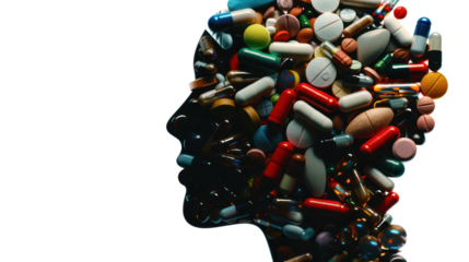 Human head silhouette filled with colorful pills on transparent background
