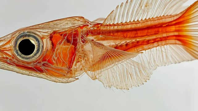 Underwater life vividly captured, showcasing the intricate anatomy of a transparent fish in a laboratory setting
